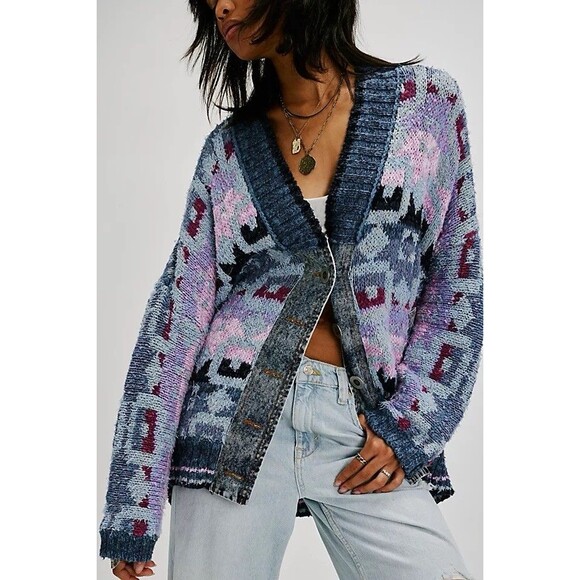 Free People Sweaters - Free People Bluebell Oversized Cardigan Small Denim Aztec Boho Indie Sleeze Top